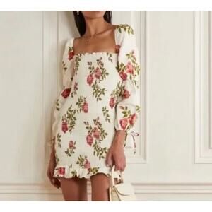 Reformation Floral Linen Mini Dress Sz M Bohemian Long Sleeves Hilary Smocked